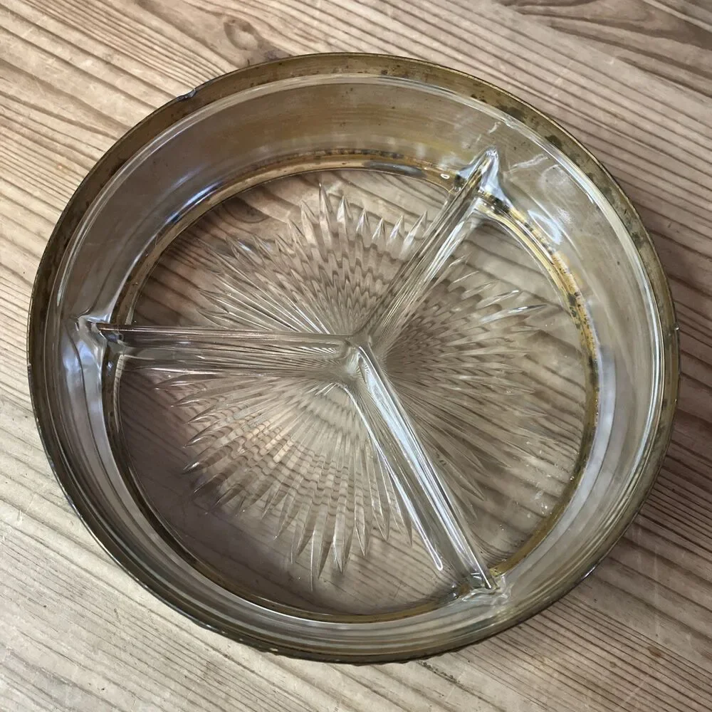 VINTAGE P.N.C.W USA DIVIDED BRASS GLASS INSERT CANDY DISH HOLLYWOOD REGENCY 1930